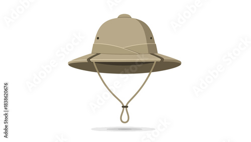A tan pith helmet with a chin strap floats above a faint gray shadow