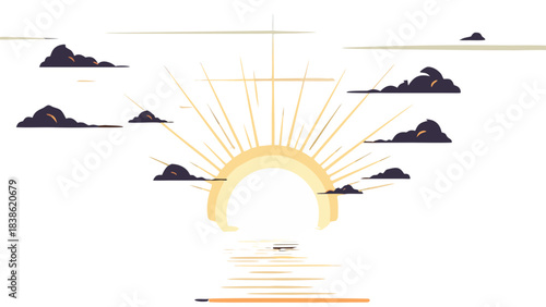 Pixel Art Sunrise Over Water With Dark Clouds And Rays Of Light Illuminating The Horizon A Stylized Digital Landscape Scene