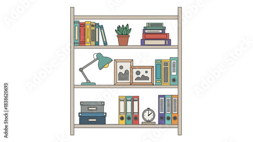 A threeshelf bookcase illustrated with books storage a lamp and decor