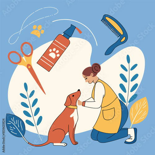 Woman Grooming Dog with Tools Pet Care and Animal Grooming Concept.