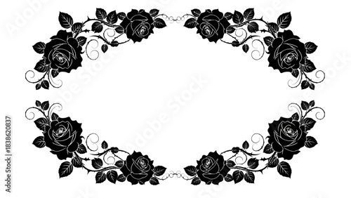 Elegant black rose frame with detailed leaves and thorns for creative designs