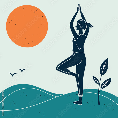 Woman in yoga pose balancing on one leg with arms raised high.
