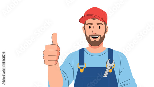 Bearded tradesman in cap and overalls gives a thumbsup