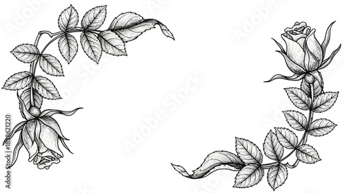 Elegant botanical frame with sketched roses and foliage for artistic design projects