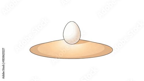 A white egg balanced precariously on a wide flat tan surface