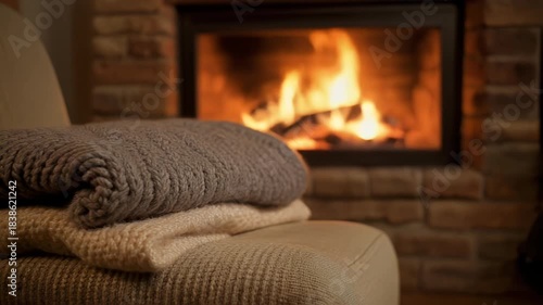 Cozy scene with a stack of knitted blankets in front of a warm, crackling fireplace.