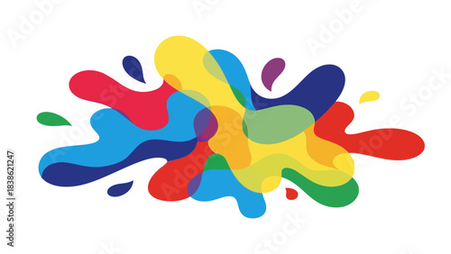 Abstract composition of overlapping translucent brightly colored liquid splashes on a white background