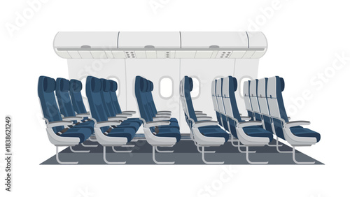 Airplane cabin interior showing rows of blue and white passenger seats
