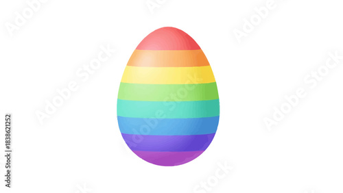 An egg shape decorated with horizontal rainbow stripes on a white background
