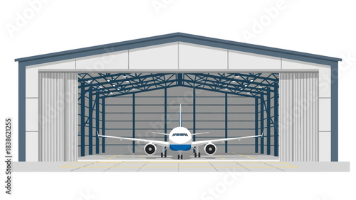 Airplane parked noseon inside a large industrial aircraft hangar