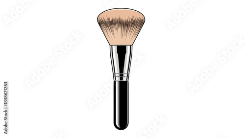 An illustration of a makeup powder brush with a rounded top and black handle