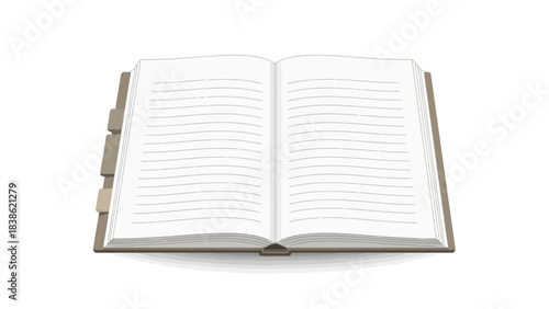 An open lined notebook or book with tab dividers on a white background