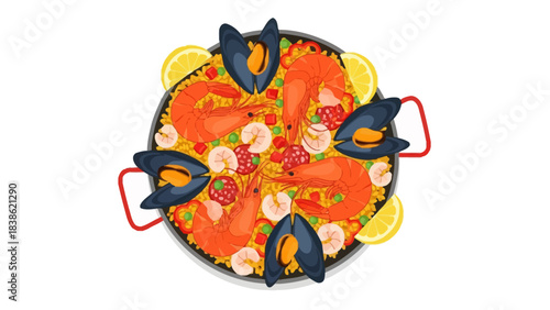 An overhead stylized illustration of seafood paella in a black pan with red handles