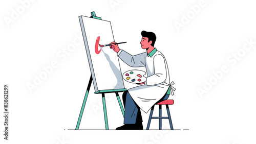 Artist in white apron painting a red shape on a large canvas on an easel