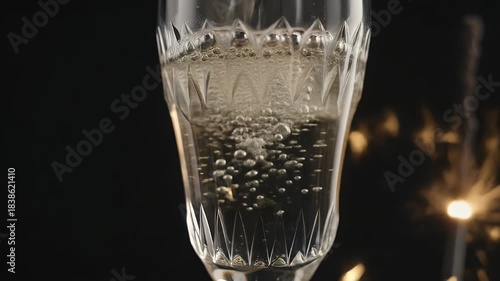 A close-up shot of champagne bubbles rising in a crystal flute against a dark background with bokeh lights.