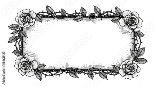 Detailed monochrome frame featuring roses thorns and leaves for vintage designs