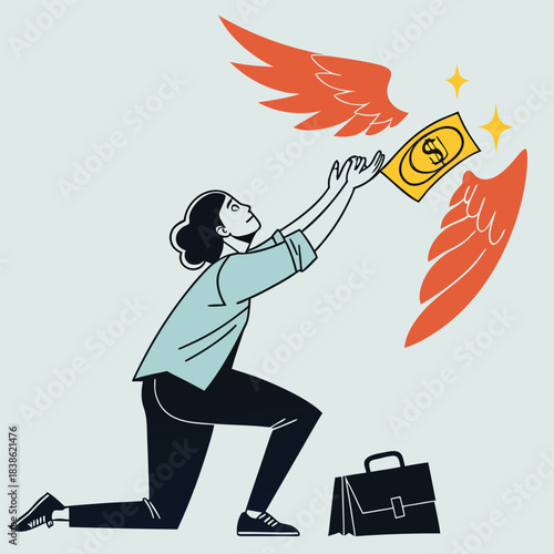 Woman Kneeling Reaching for Money with Wings Symbolizing Financial Freedom.