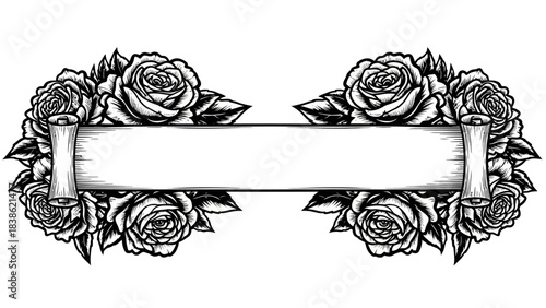 Elegant scroll banner with roses in black and white perfect for wedding invitations or romantic