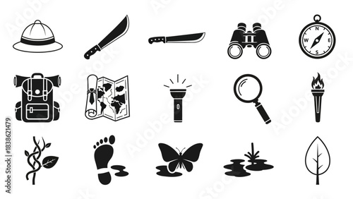Adventure and exploration equipment icons on white background