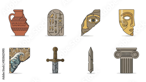 Ancient artifacts and symbols illustrated on white background