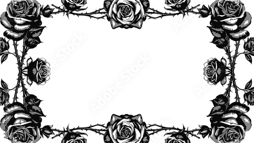Monochrome roses and thorns elegant frame design with blank copy space for text