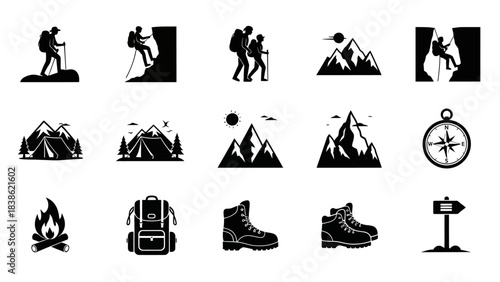 Black and white outdoor recreation icons hiking climbing adventure elements