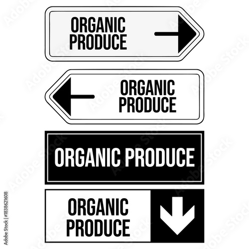 Organic Produce Direction Signs Set – Black and White Arrow Signage Illustration