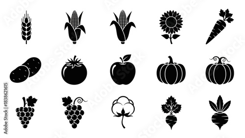 Black and white vector illustrations of various agricultural crops and produce