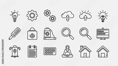 Collection of Line Art Icons for Various Concepts and Themes.