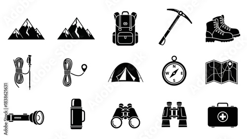 Black and white vector illustration of hiking and camping equipment set