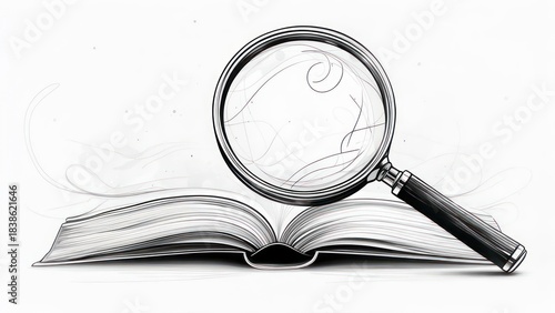 Open book with magnifying glass focused on text, with subtle, stylized smoke effect