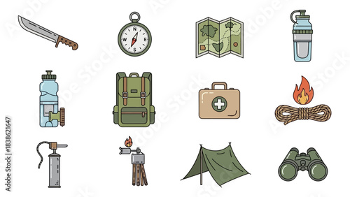 Camping and hiking equipment collection in flat vector style