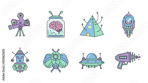 Cartoon aliens and space gadgets illustrations isolated on white background