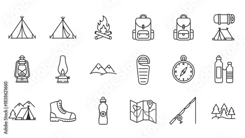 Camping and outdoor recreation icons set in minimalist linear style