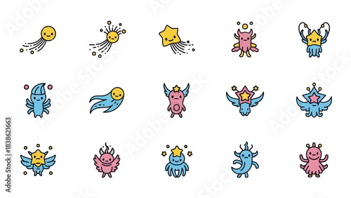 Cartoon creatures and celestial objects set in colorful line art style