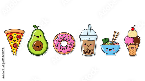 Cartoon food assortment pizza avocado donut bubble tea ramen ice cream
