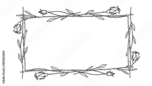 Elegant botanical frame featuring delicate roses and thorny branches for classic design