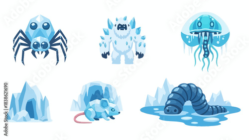 Cartoon ice creatures collection spider yeti jellyfish mouse worm and cave