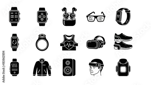 Collection of modern gadgets and accessories silhouettes on white background