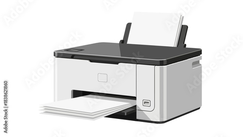 Black and white illustration of a printer with paper loaded and outputting sheets