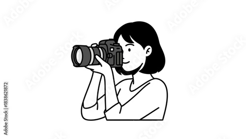Black and white line art of a person holding a camera to their eye