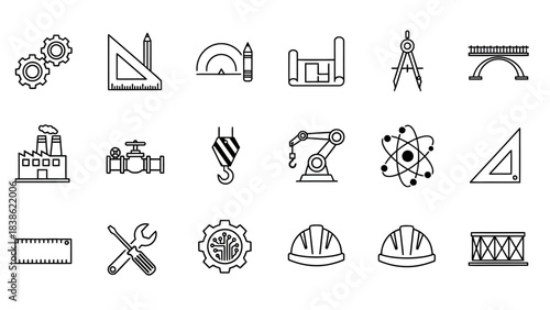 Engineering and industrial icons set in simple line art on white background