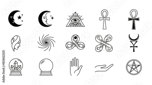 Esoteric symbols collection in black and white minimalist design