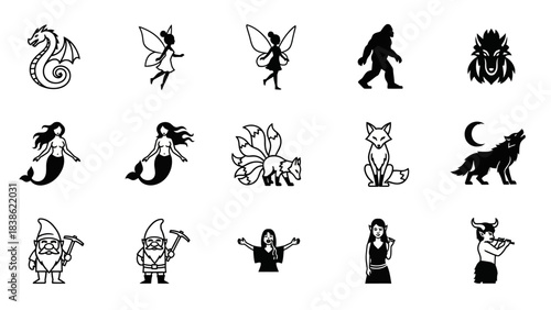 Fantasy creatures and mythical beings black and white vector illustrations