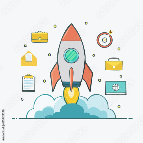 Flat illustration of a rocket launching surrounded by business icons like briefcases and a target on a white background with a playful and ambitious mood.