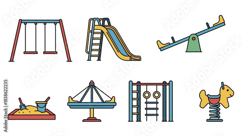 Illustrated playground equipment set swings slide seesaw sandpit merry go round