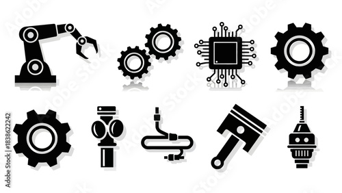 Industrial icons set depicting robotics gears cpu piston and technical elements