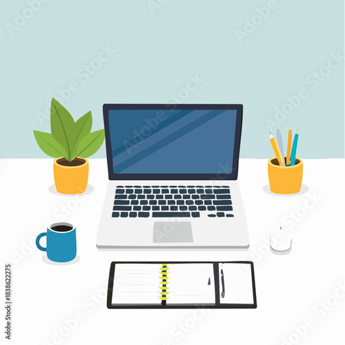 Flat lay of a laptop, coffee cup, plant, and office supplies on a white desk against a light blue background.