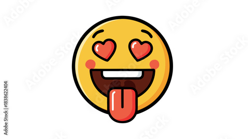 Pixelated yellow smiley face emoji with heart eyes open mouth and tongue sticking out on black background expressive and cartoonish with a retro video game aesthetic