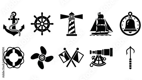 Nautical icon set anchor steering wheel lighthouse sailboat compass isolated black